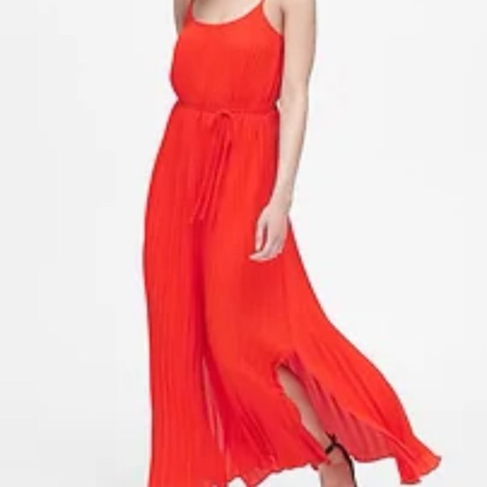 Banana Republic Bright Red Pleated Maxi Dress with Waist Tie